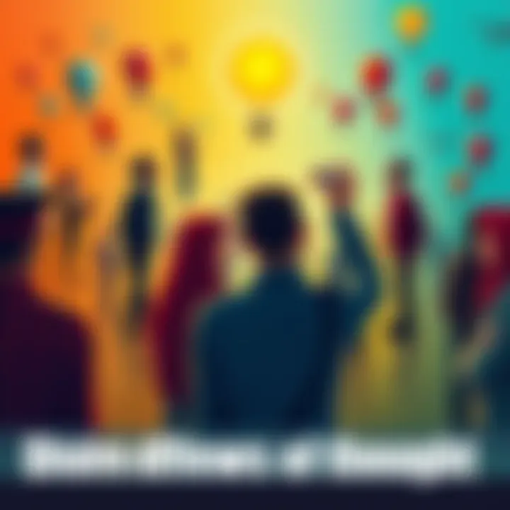 An illustration showing diverse groups of people discussing enlightenment, each represented by unique symbols and ideas, highlighting their distinct viewpoints.