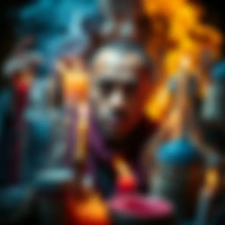 A person surrounded by various spell tools, including candles and jars, showing the interaction of different magical energies