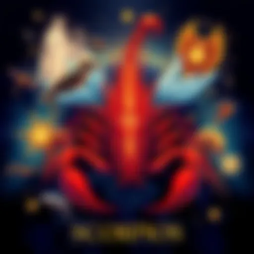 Illustration showing various Scorpio types each with unique traits and symbols, representing their characteristics in astrology.