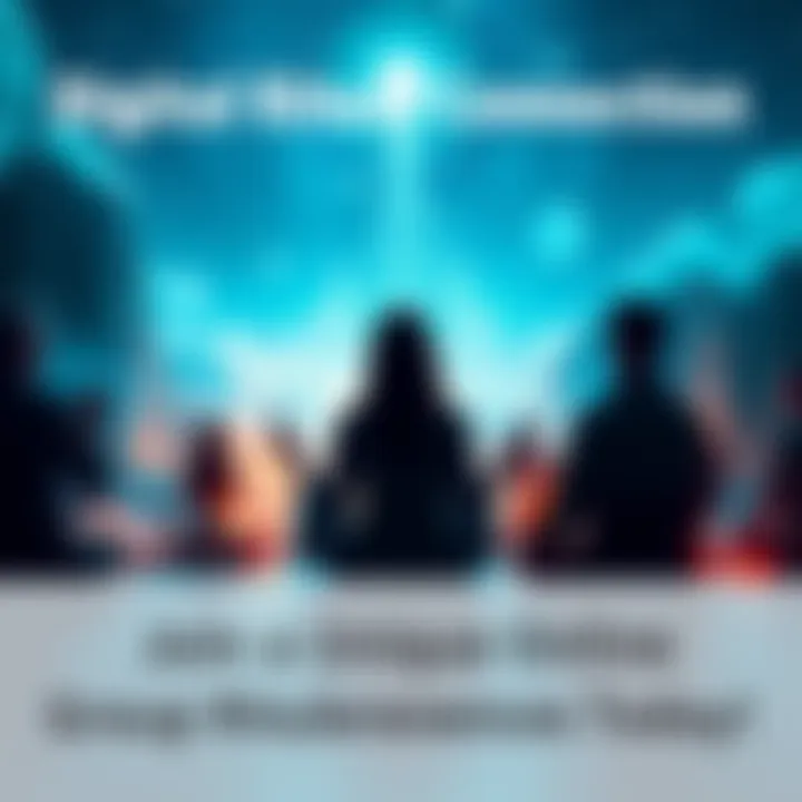 A serene digital landscape with participants engaged in online meditation and breathwork, symbolizing collective energy and spiritual connection.