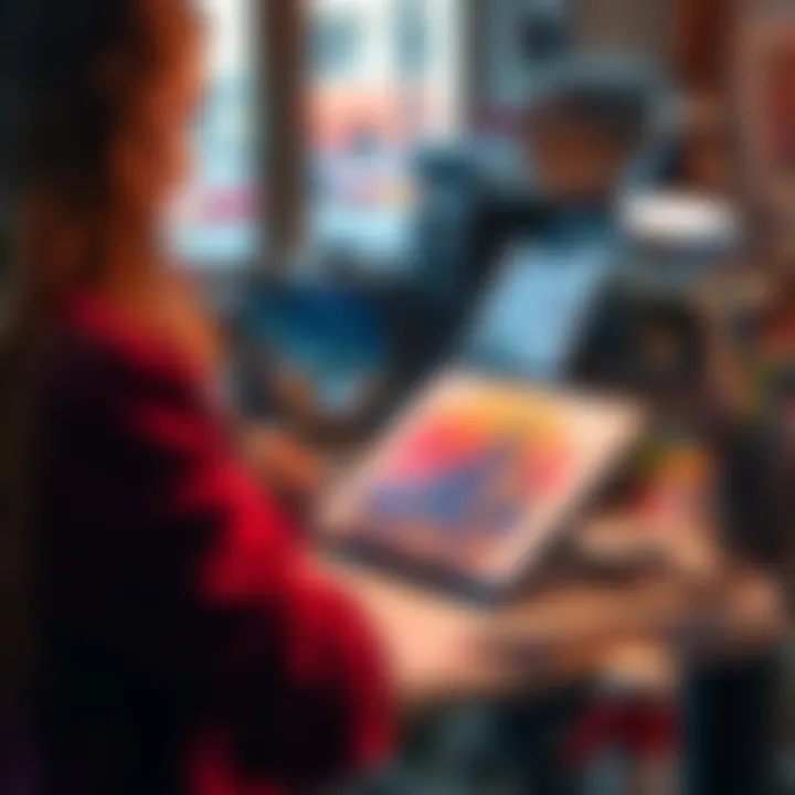 A digital artist working on a drawing on a tablet, surrounded by art supplies, focused on creating vibrant digital illustrations.