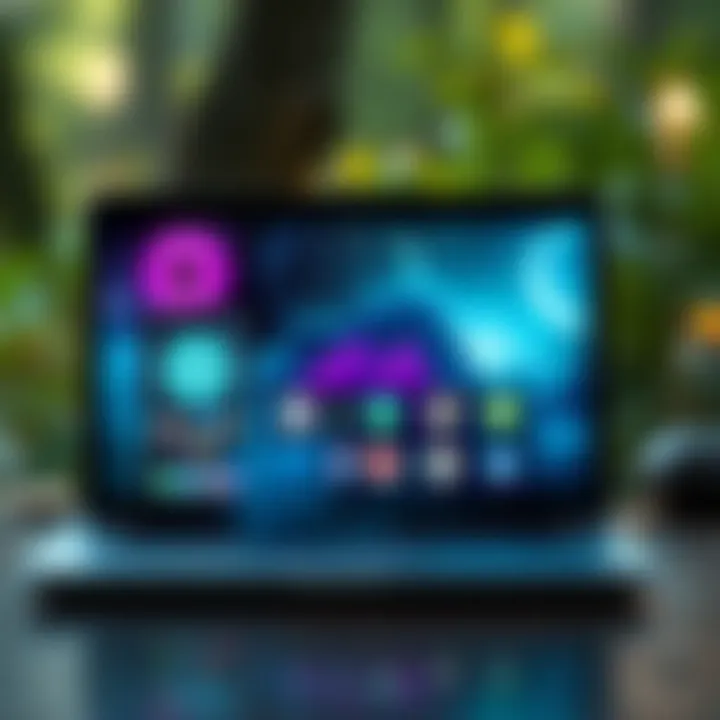 A smartphone and laptop displaying various apps suitable for a digital Book of Shadows, with mystical symbols and nature backgrounds.