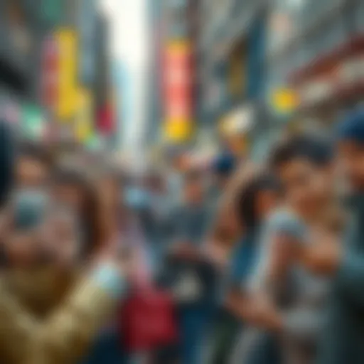 A diverse group of people using smartphones with Digital ID apps in a busy city street, showcasing interaction with local services.