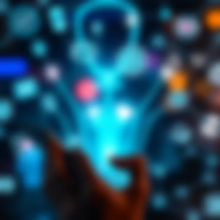 A person using a smartphone surrounded by icons representing health apps and digital tracking systems, illustrating the shift to a digital society during the pandemic.