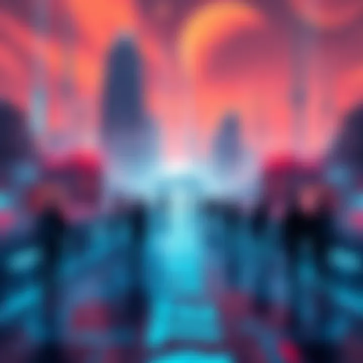 A futuristic scene showing a digital landscape populated by human-like figures, symbolizing simulation theory.