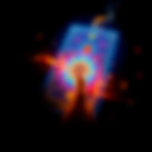 A glowing virtual tarot card with symbols representing user intent and chaos magic, surrounded by a dark background.