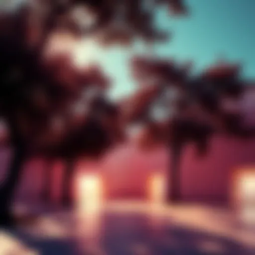A view showing digital-like shadows beneath trees, highlighting unusual design aspects in architecture.