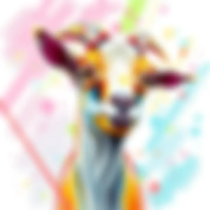 A colorful digital sketch showcasing a goat with expressive eyes and a playful stance, surrounded by a bright background.