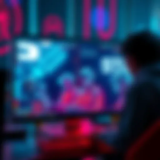 A computer screen displaying a digital world with characters resembling those in simulation games, showing a contrast between virtual interaction and real life.