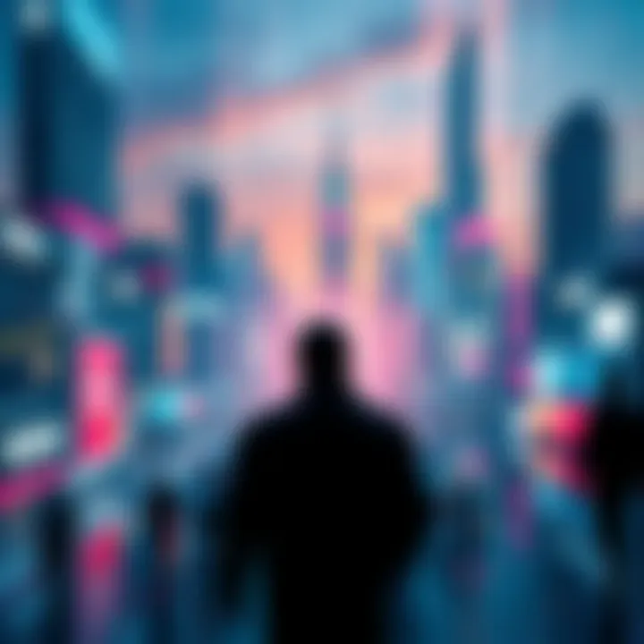 A digital landscape showing a city with glitch effects, symbolizing a simulated reality. People walk through the scene, appearing unaware of their illusionary surroundings.