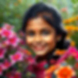 A young girl named Dilukshi Nissanka smiling, surrounded by colorful flowers and greenery, representing her joyful spirit in Sri Lanka.