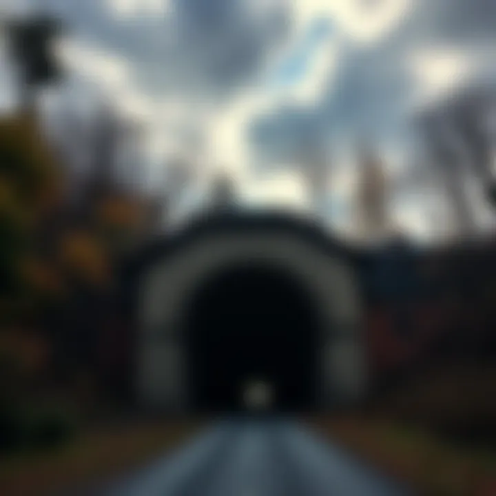 The old entrance of Dingess Tunnel in West Virginia, surrounded by trees and a cloudy sky, hinting at its haunted reputation.