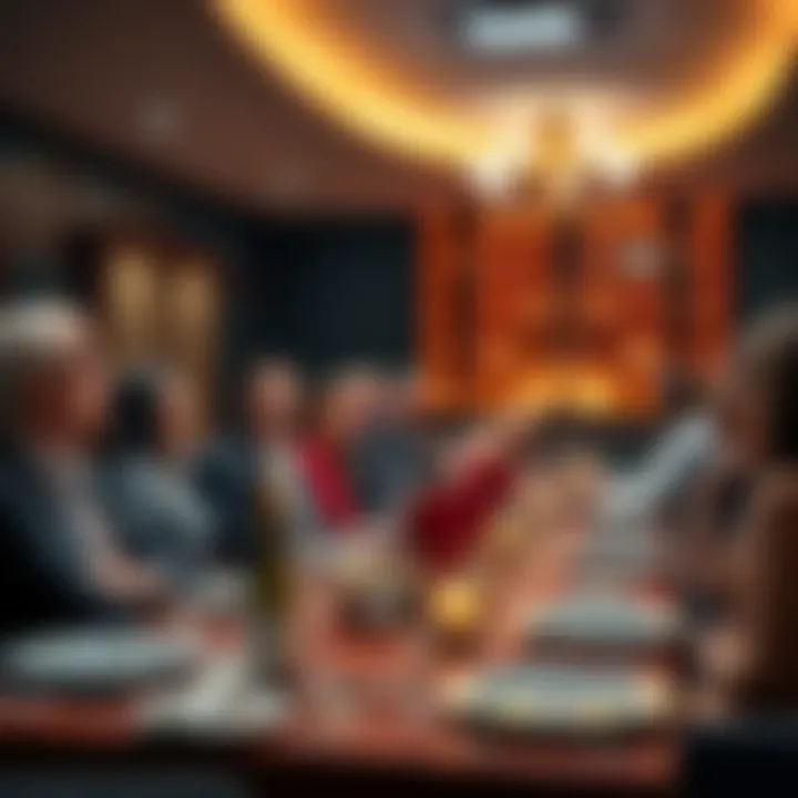 A gathering of notable guests, including billionaire Rick Adams, discussing historical artifacts like lunar samples and Nazi-related items at a General Dynamics building.