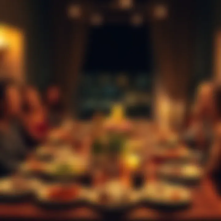 A warm and inviting dining table set for a dinner party, featuring delicious home-cooked dishes, candles, and friends laughing together.