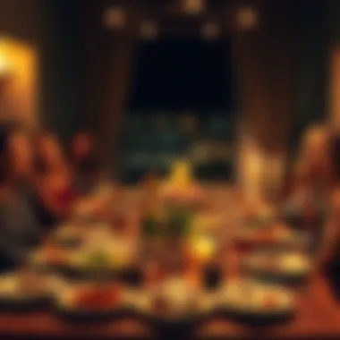 Dinner Party at Home A warm and inviting dining table set for a dinner party, featuring delicious home-cooked dishes, candles, and friends laughing together.