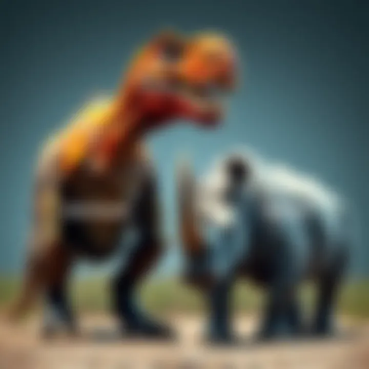 A side-by-side comparison of a dinosaur and a rhinoceros, illustrating features of both creatures in a debate format.