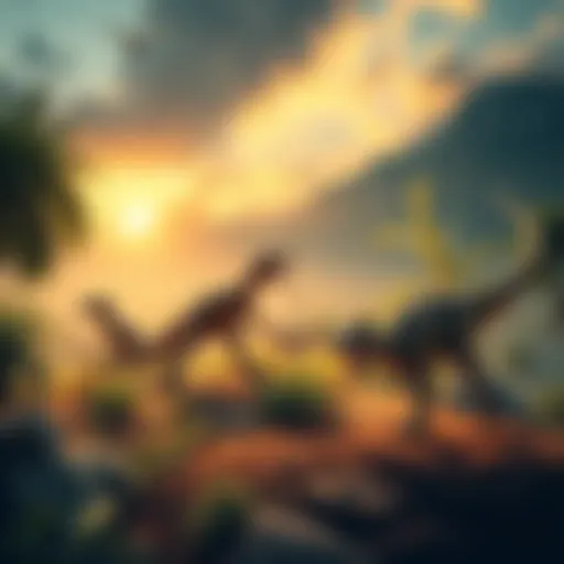 A depiction of dinosaurs roaming the Earth with ancient plants, illustrating the environment where loosh might have been produced.
