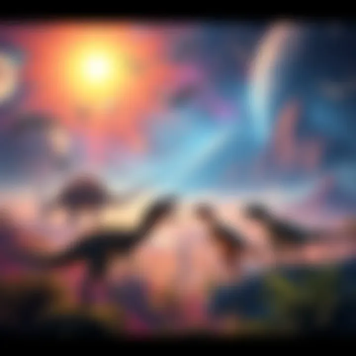 A colorful scene depicting dinosaurs in various landscapes representing different universes, highlighting Advaita philosophy concepts.