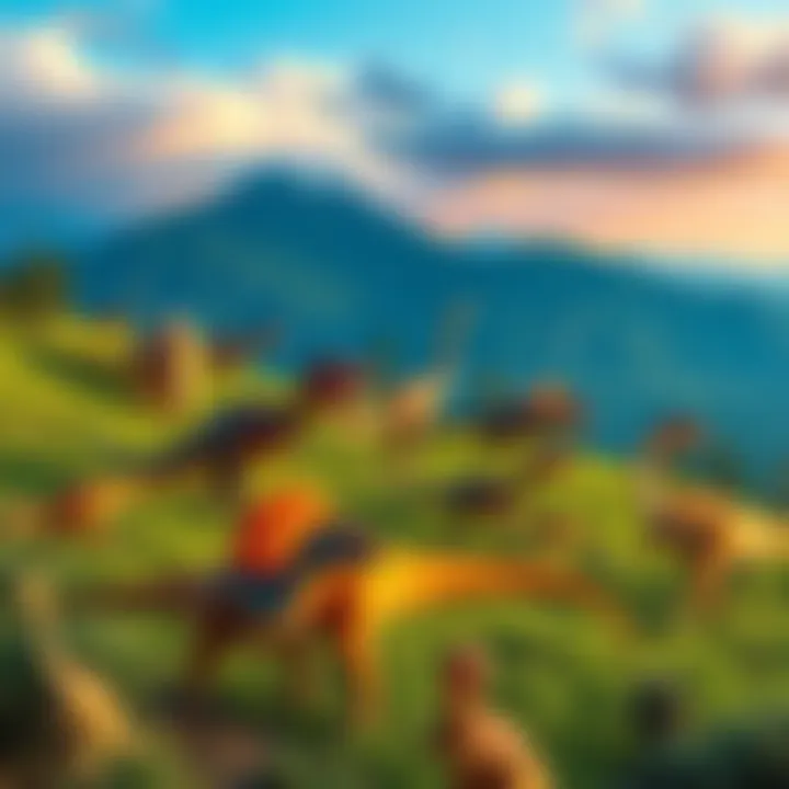 A colorful scene showing various dinosaurs roaming a lush, green landscape with mountains in the background.