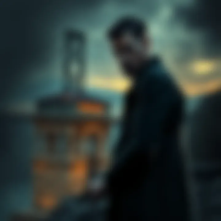 A dark portrayal of the infamous serial killer Diogo Alves standing by a high bridge in Portugal, looking menacing with a shadowy figure behind him, representing his dark past of murder and robbery.