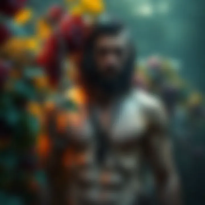 Dionysian Man Represented A figure embodying Dionysian traits, surrounded by grapevines and natural elements, symbolizing masculinity and connection to nature.