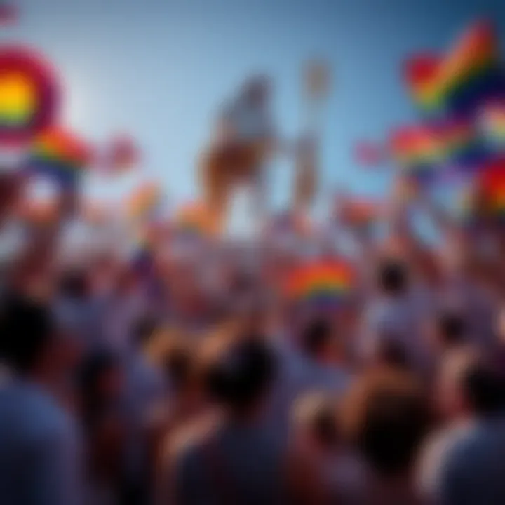 A group of diverse people celebrating around a statue of Dionysus, with rainbow flags and flowers, symbolizing acceptance and inclusivity for LGBTQ+ communities.
