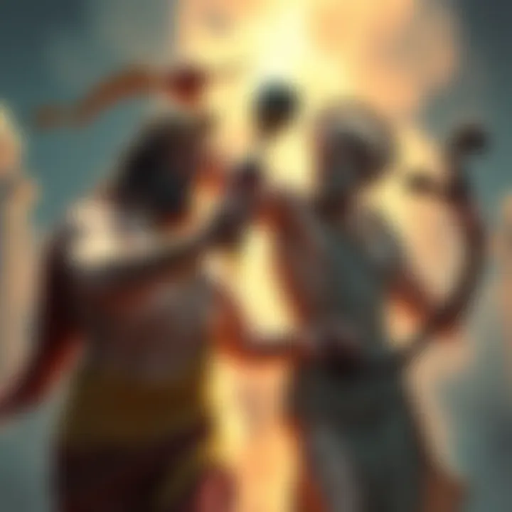 Dionysus holds a wine cup while Apollo plays the lyre, portraying their rivalry in Greek mythology.