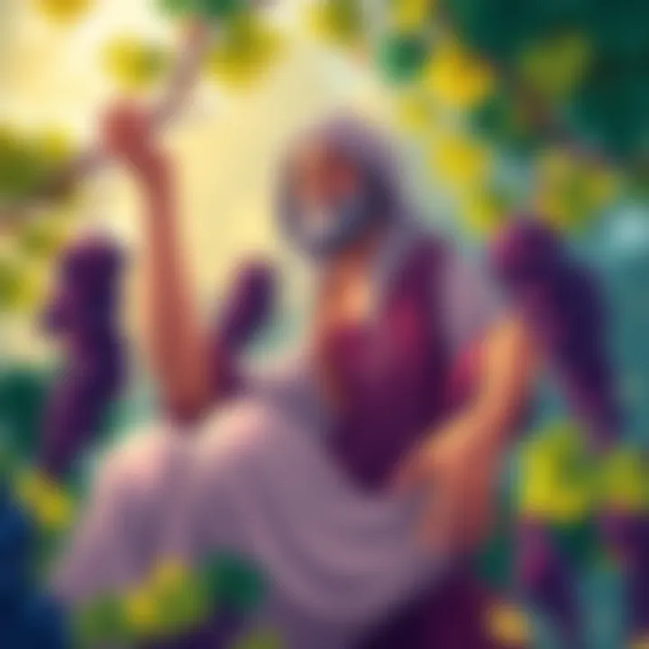 An illustration of Dionysus A depiction of Dionysus surrounded by nature, vines, and grape clusters, representing spiritual beliefs