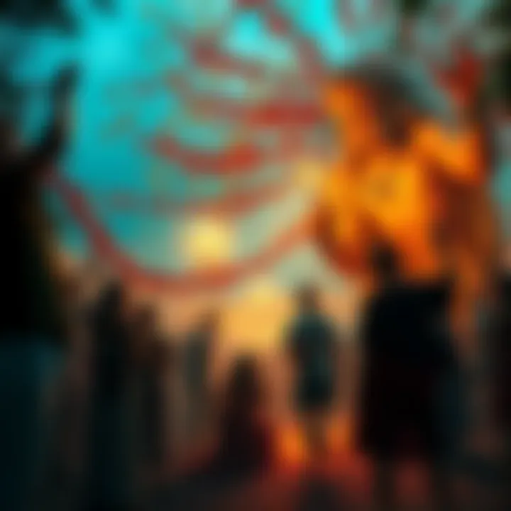 Celebration of Dionysus in Modern Art A vibrant scene depicting people enjoying a festival inspired by Dionysus, surrounded by nature and artistic elements, reflecting revelry and creativity.