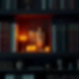 A Dionysus shrine featuring a small statue of the god, candles, and decorative elements next to books on a bookshelf