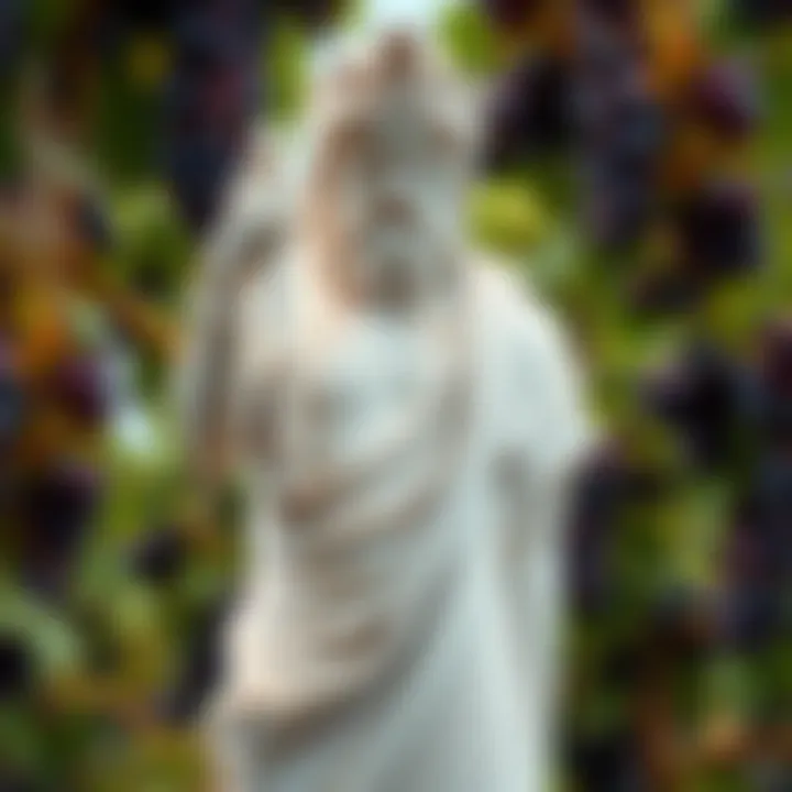 A statue of Dionysus surrounded by grapevines, symbolizing his connection to wine and festivity.