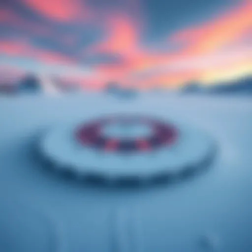 A large circular energy array in a snowy landscape with mountains in the background, representing advanced technology in Antarctica.
