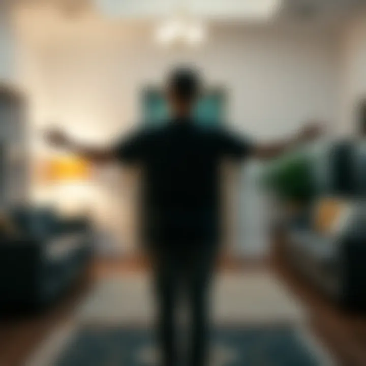 A person stands with arms outstretched, focused on their practice in a calm home setting.