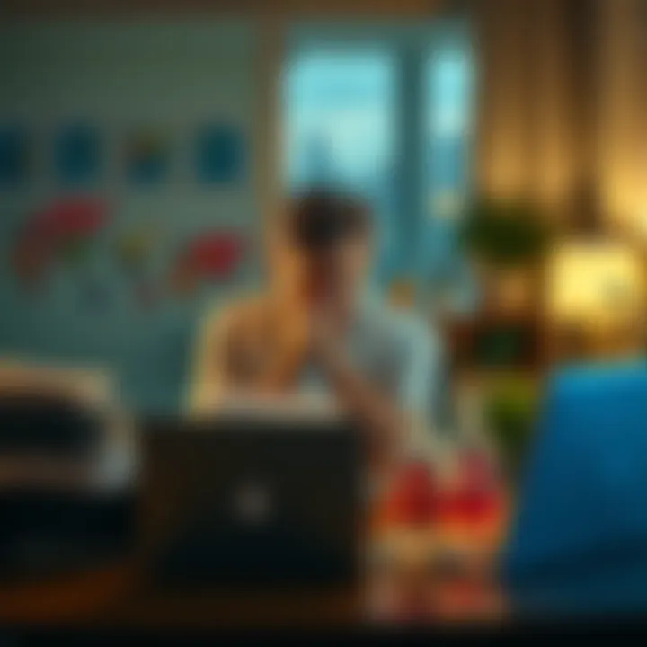 A person sitting at a desk with a frustrated look, checking emails about work delays and trip plans, surrounded by travel brochures and a laptop