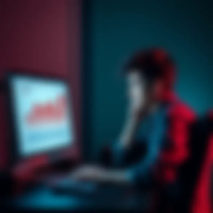 A person sitting in front of a computer, looking sad while viewing a chart without responses