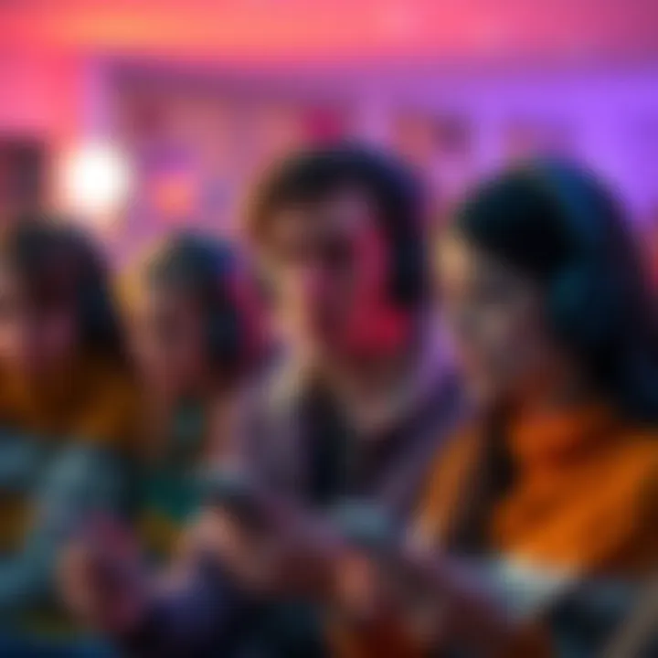 A group of podcast listeners showing disappointment while listening to a podcast on their phones, with headphones on.