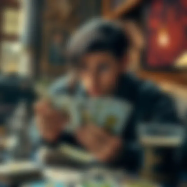 Disappointed Tarot Reader A person looking frustrated while holding a Tarot deck, surrounded by scattered cards and a cup of coffee, reflecting on an unclear reading.