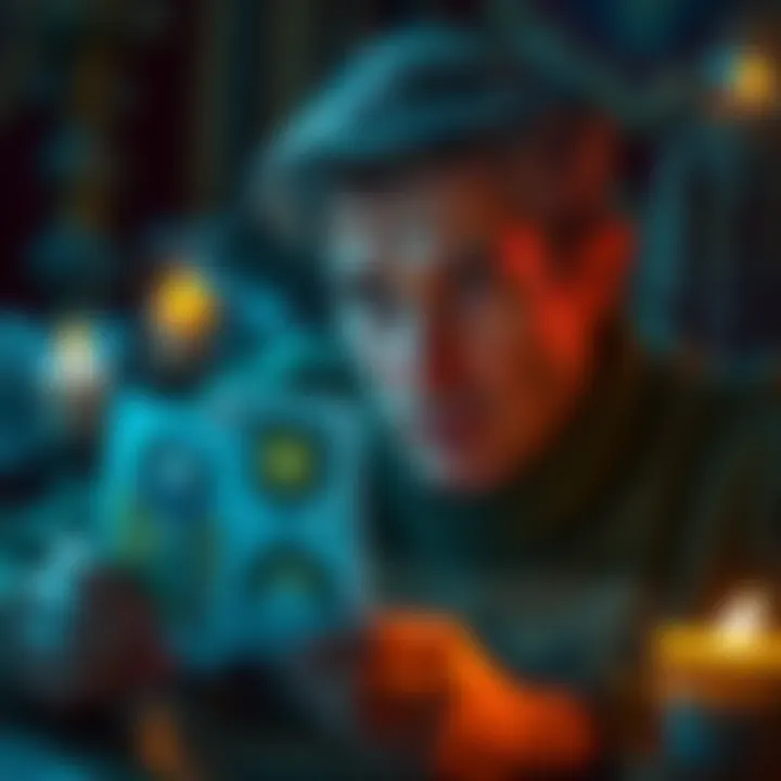 A person looking at tarot cards with a puzzled expression, surrounded by a mystical ambiance