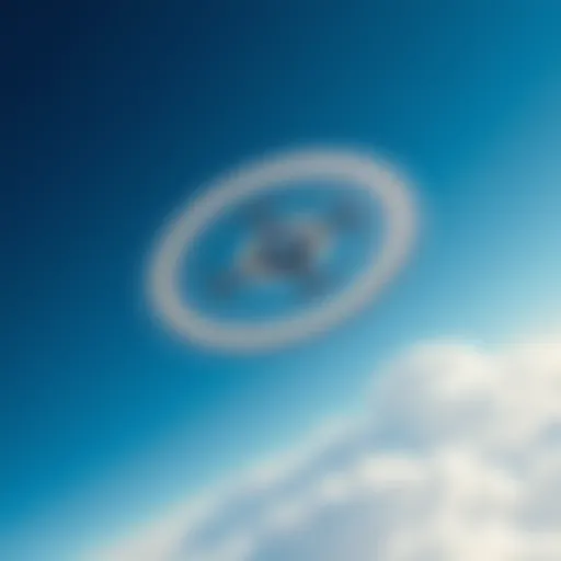 A sleek disc-shaped aircraft soaring through a clear blue sky, surrounded by clouds, illustrating an advanced design.