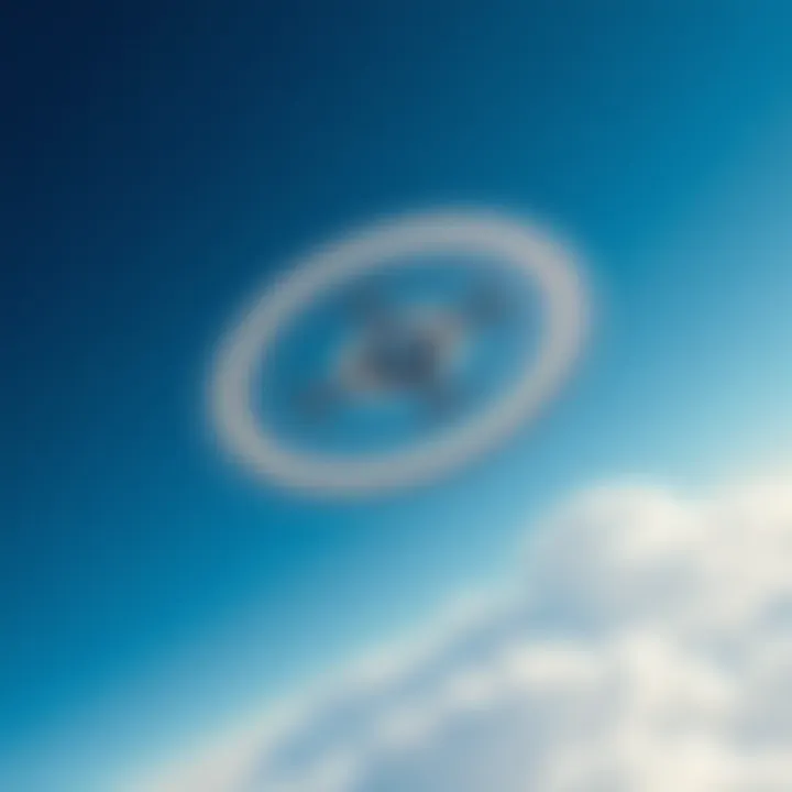 A sleek disc-shaped aircraft soaring through a clear blue sky, surrounded by clouds, illustrating an advanced design.
