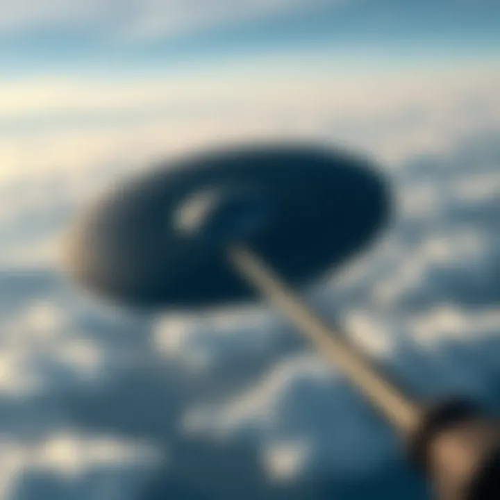 A metallic disc-shaped object with a telescopic appendage flying in the sky near Sitka, Alaska, as seen from an airline pilot's perspective.