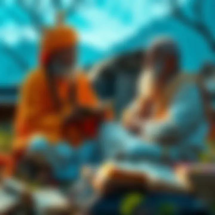 A disciple sitting with their guru, engaged in a thoughtful conversation, with books and nature around them, symbolizing spiritual growth.