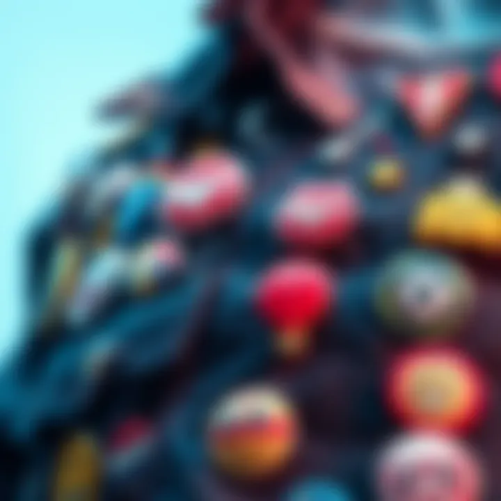 A colorful jacket decorated with various homemade Discordian pin badges reflecting creativity and personal style.