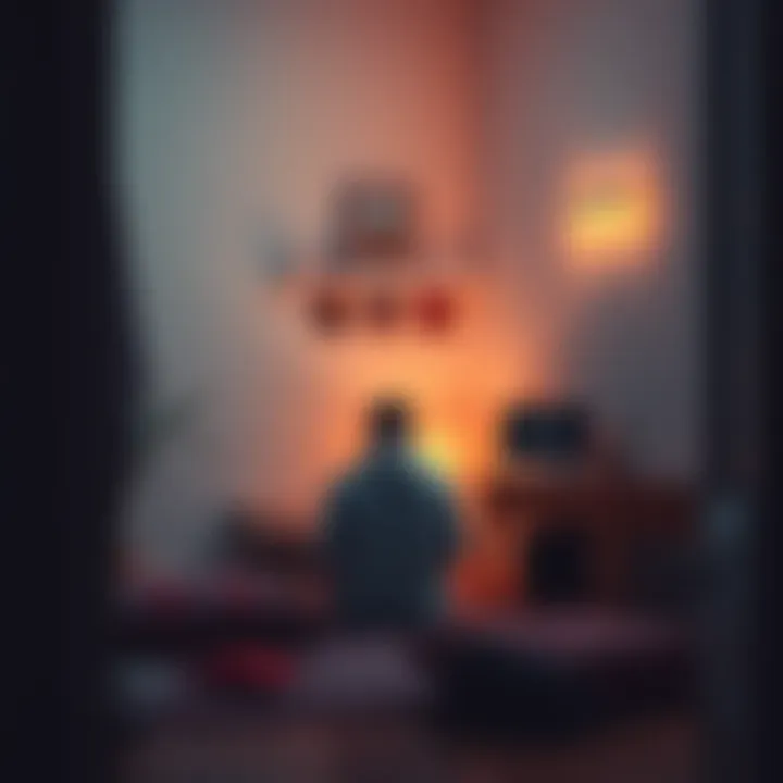 Individual practicing worship in a serene corner of a room, surrounded by soft lighting and personal items, creating a peaceful atmosphere