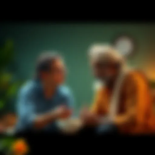 A person explaining Ayurveda to a skeptical individual, showing herbal ingredients and benefits of alternative healing.