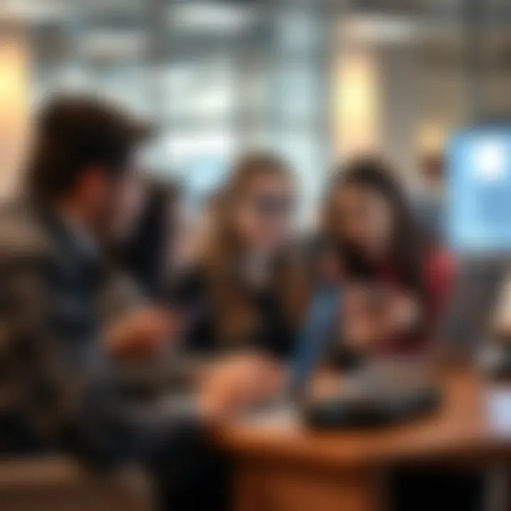 A group of people discussing online about whether a woman is real or an AI. Laptops and smartphones are visible, showing a lively forum conversation.