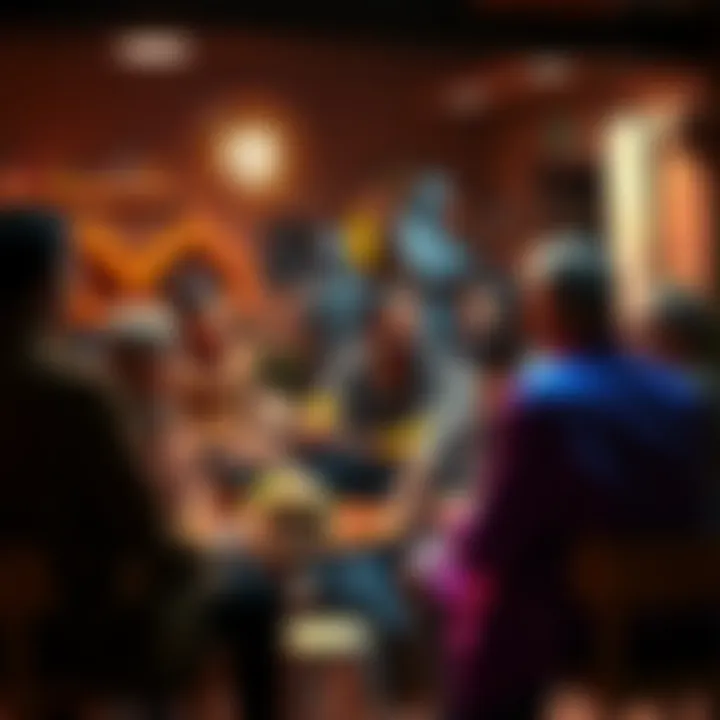 A group of diverse people sharing their beliefs about gods in a warm, friendly setting.