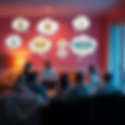A group of people sharing thoughts about life after death in a cozy setting, with thought bubbles illustrating different beliefs, such as spiritual symbols and peaceful imagery.