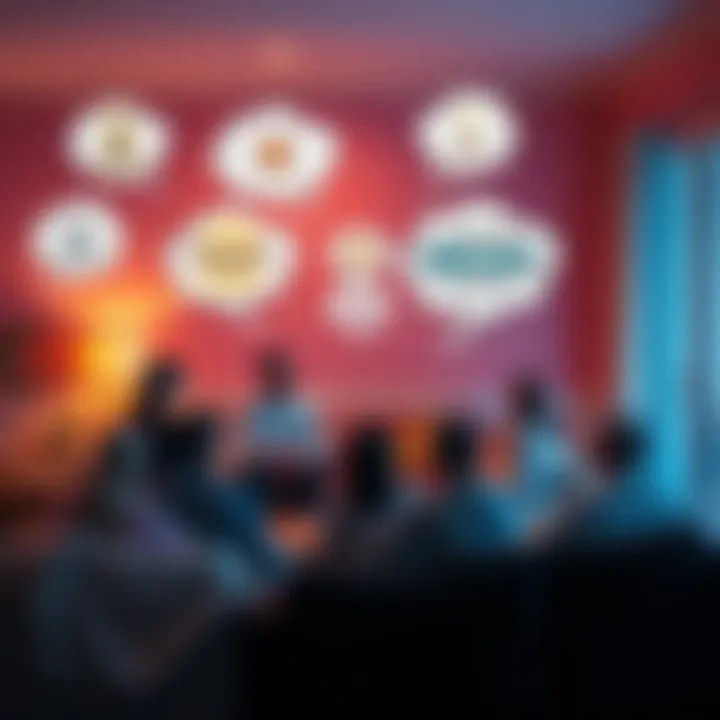 A group of people sharing thoughts about life after death in a cozy setting, with thought bubbles illustrating different beliefs, such as spiritual symbols and peaceful imagery.