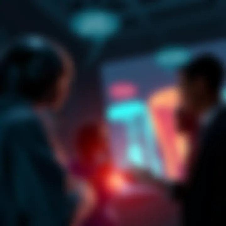 People engaged in a conversation about aliens, the afterlife, and government secrets, with thought bubbles indicating their ideas